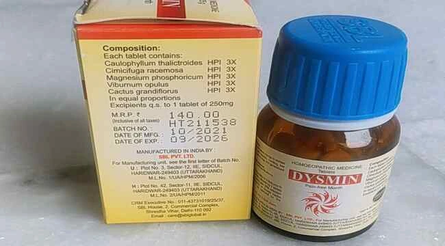 This image showing a bottle and box of dysmin tablet 