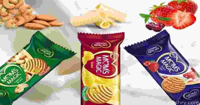Showing the picture three colour of mom's magic biscuit which is green,red, and blue with their flavours like almond butter strawberry