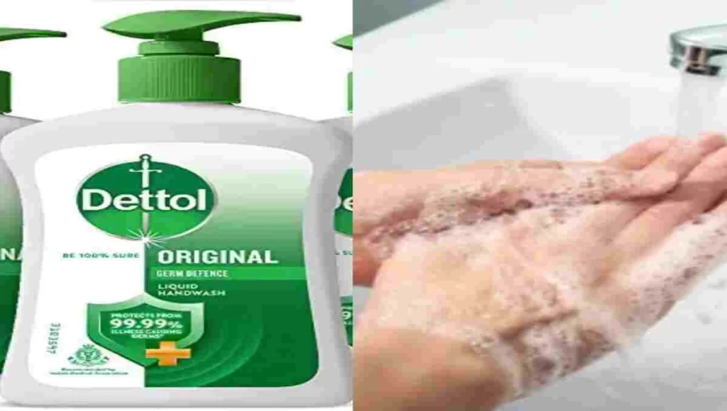 In this image Dettol Handwash using on hands