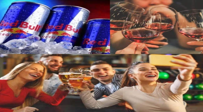 two girls & two boys drinking red bull and taking pictures with glasses