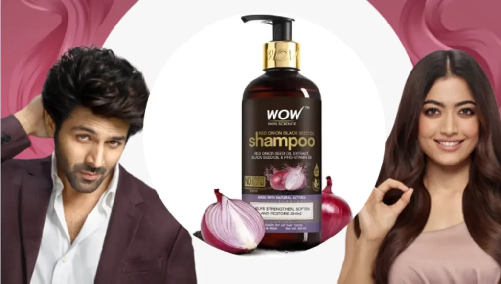 kartik Aryan and rashmika mandanna giving advertisement of WOW Skin Science Onion Shampoo