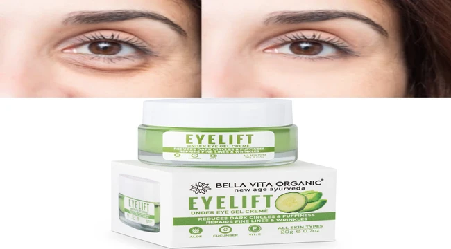 A beautiful woman showing result of Bella Vita eye lift cream on her eyes