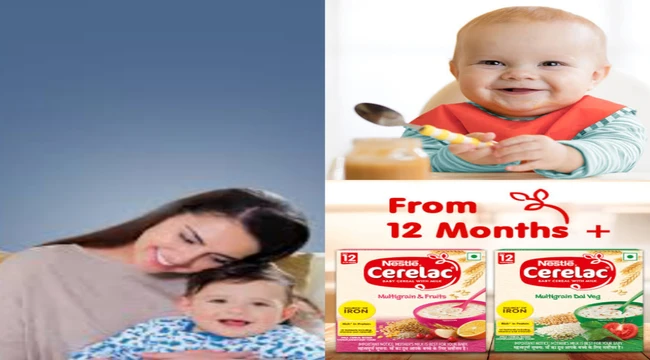 A baby hold a spoon on hands and smiling and a woman holding baby on her arms for eat nestle cerelac