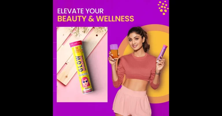 shilpa shetty holding a glass and Chicnutrix Glow Glutathione in hands for give advertisement