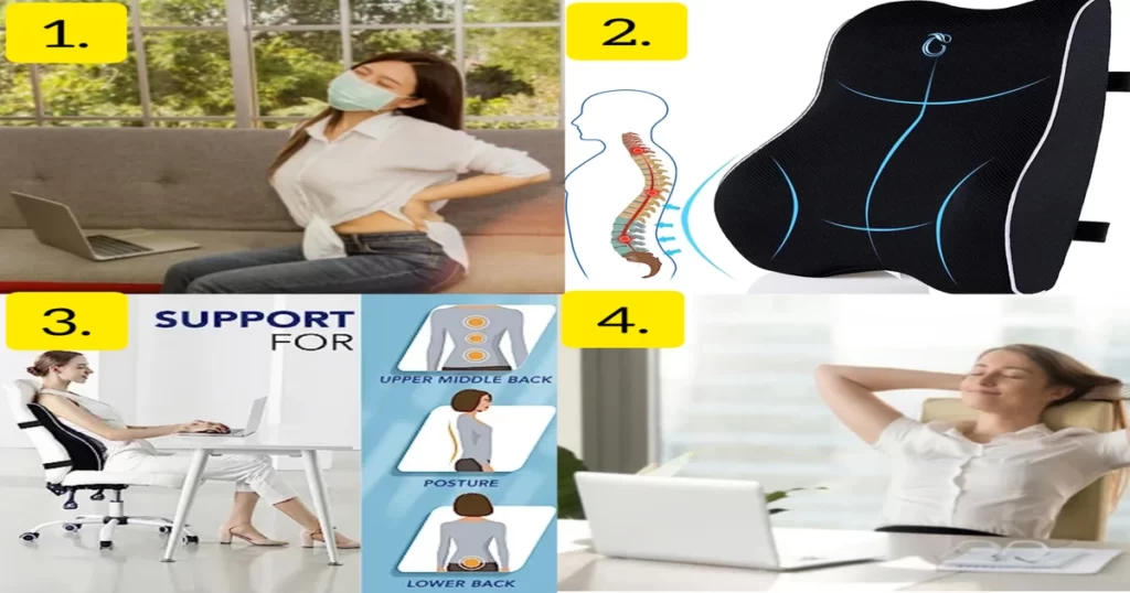 A girl's back hurts while sitting, but as soon as she uses a back pain relief pillow, her back pain stops.