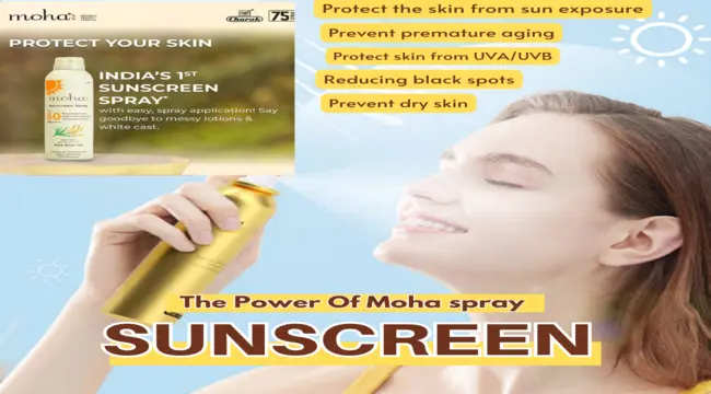A beautiful woman Moha spray sunscreen how to use