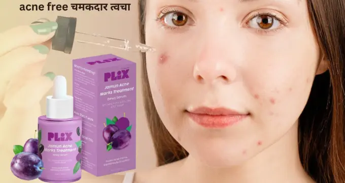 a girl applying plix jamun acne serum on her face